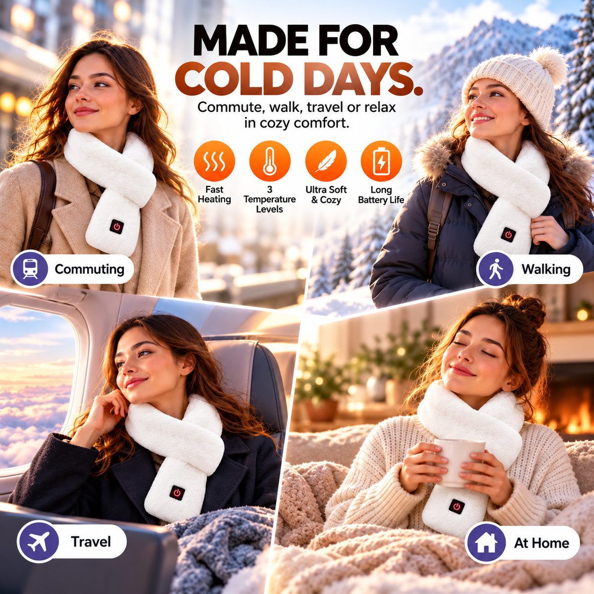 ❄️🔥Smart Heated Scarf, 3 Heat Settings, Ultra Soft Electric Neck Warmer for Winter, Women & Men🧣